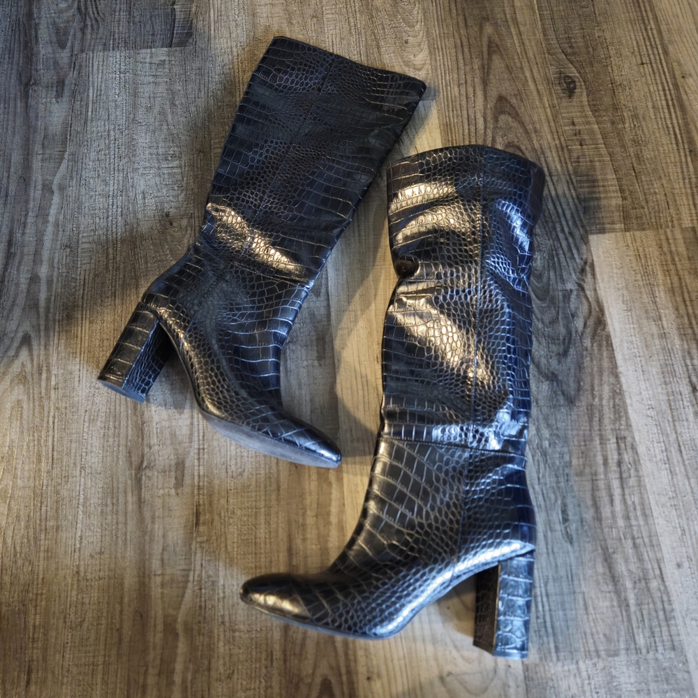 Chinese Laundry Black Croc-Embossed Knee Boots